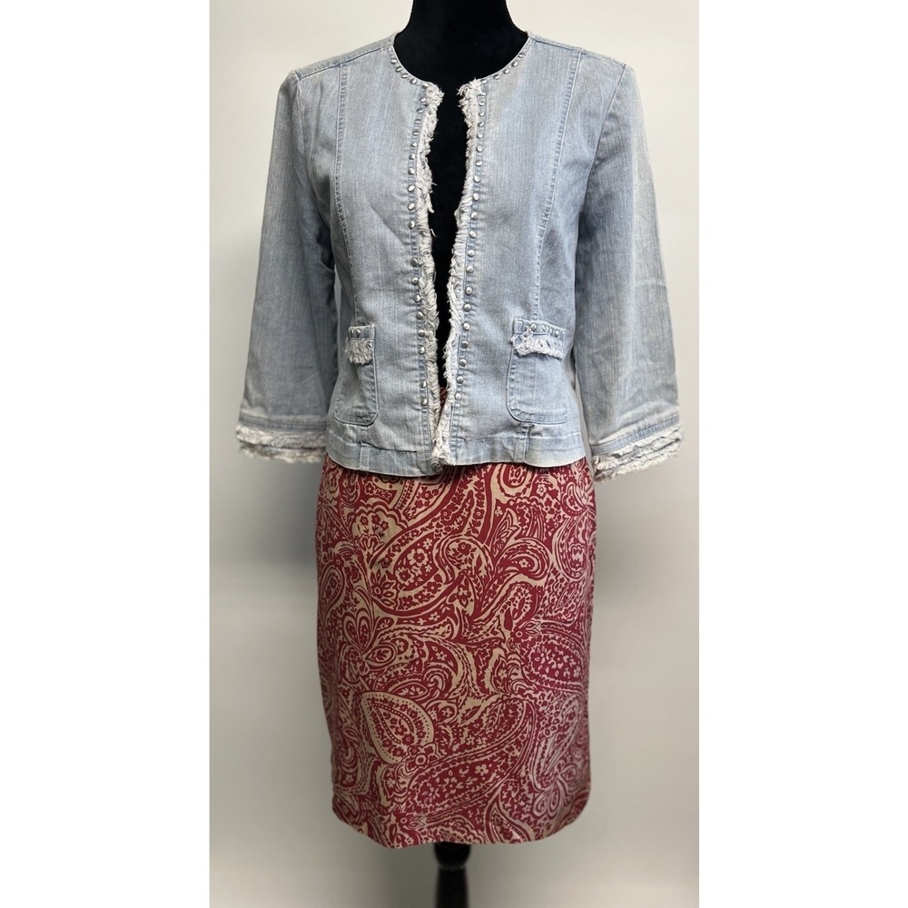 Womens Light Wash Denim Jacket Studded Fray Trim Sz 8 P Short Boho Western